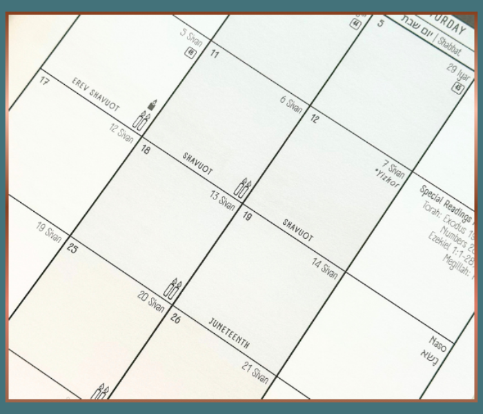 Weekly spread layout in the Copper Mirror Press Jewish planner showing dual Hebrew and Gregorian dates