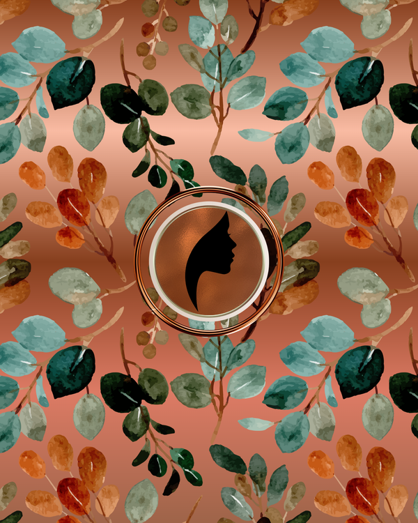 Copper cover with black silhouette on a floral patterned background