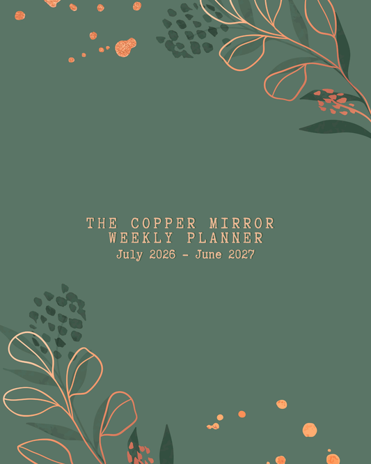 Weekly planner cover with floral design and text on a green background